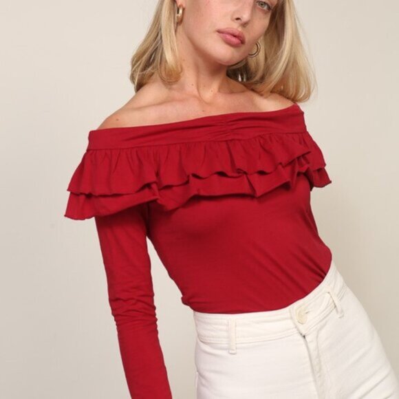 #31 - Lala Off Shoulder Deep Red Ruffle Top - Picture 3 of 4